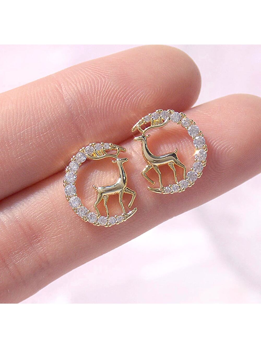 Christmas Gold Circle Reindeer Crystal Stud Earrings